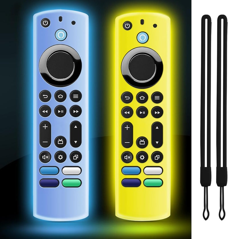 OneBom (2 Pack) Silicone TV Remote Cover, (6.2 Inch*1.5 Inch) Glow in The Dark, Anti Slip Silicone Protective Case with Lanyard(Glow Blue&Glow Yellow) - Image 1